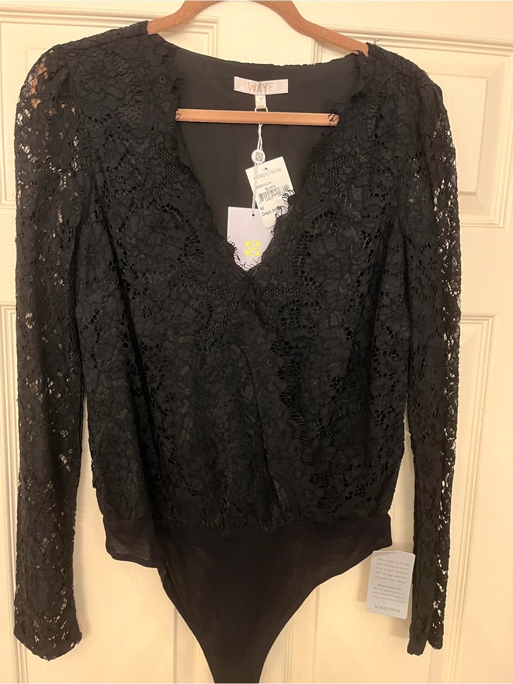 Wayf Black Lace V-Neck Long Sleeve Bodysuit
